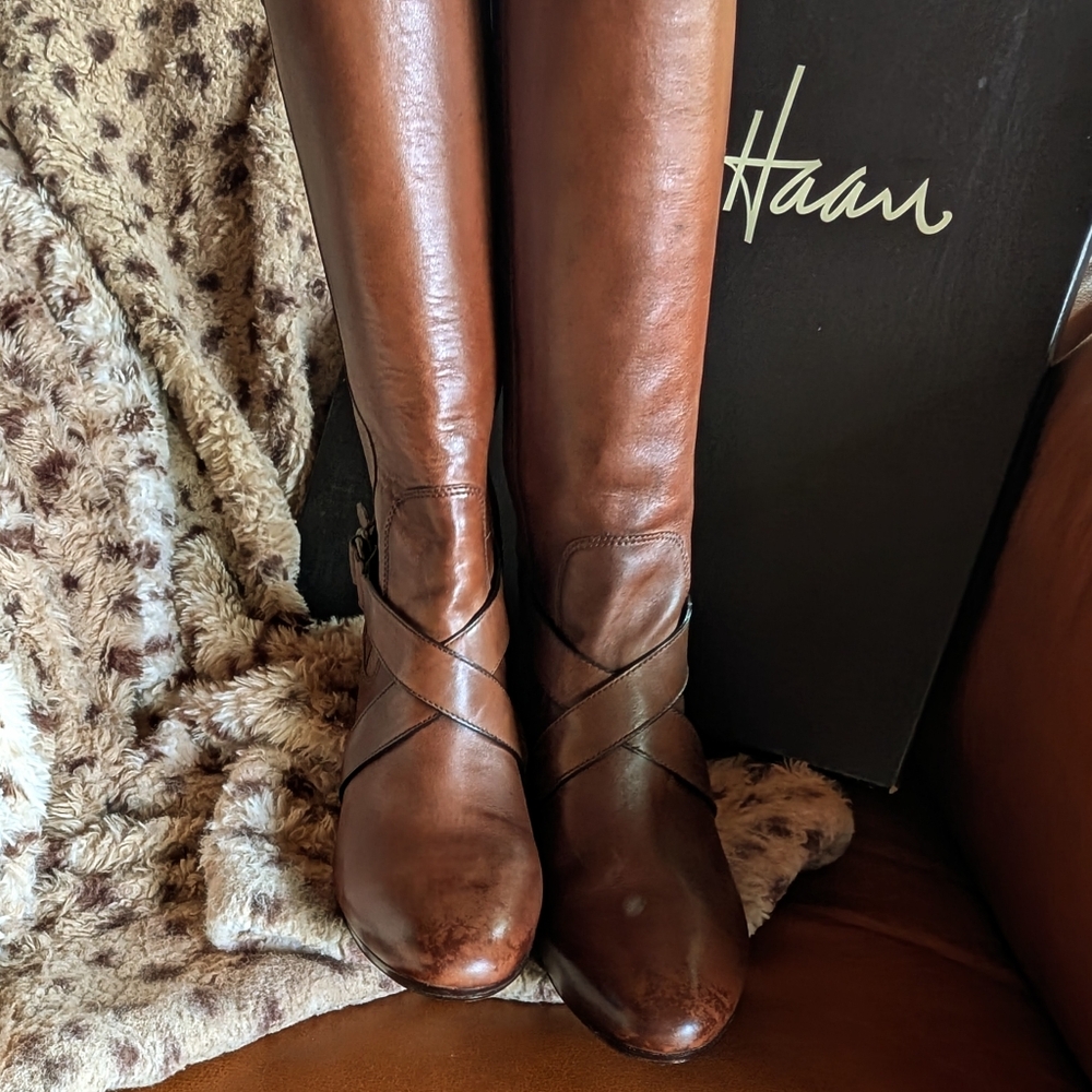 COLE HAAN - Courtney Air Tall High-Heeled Leather Boots - Brown - NIB - Picture 9 of 15